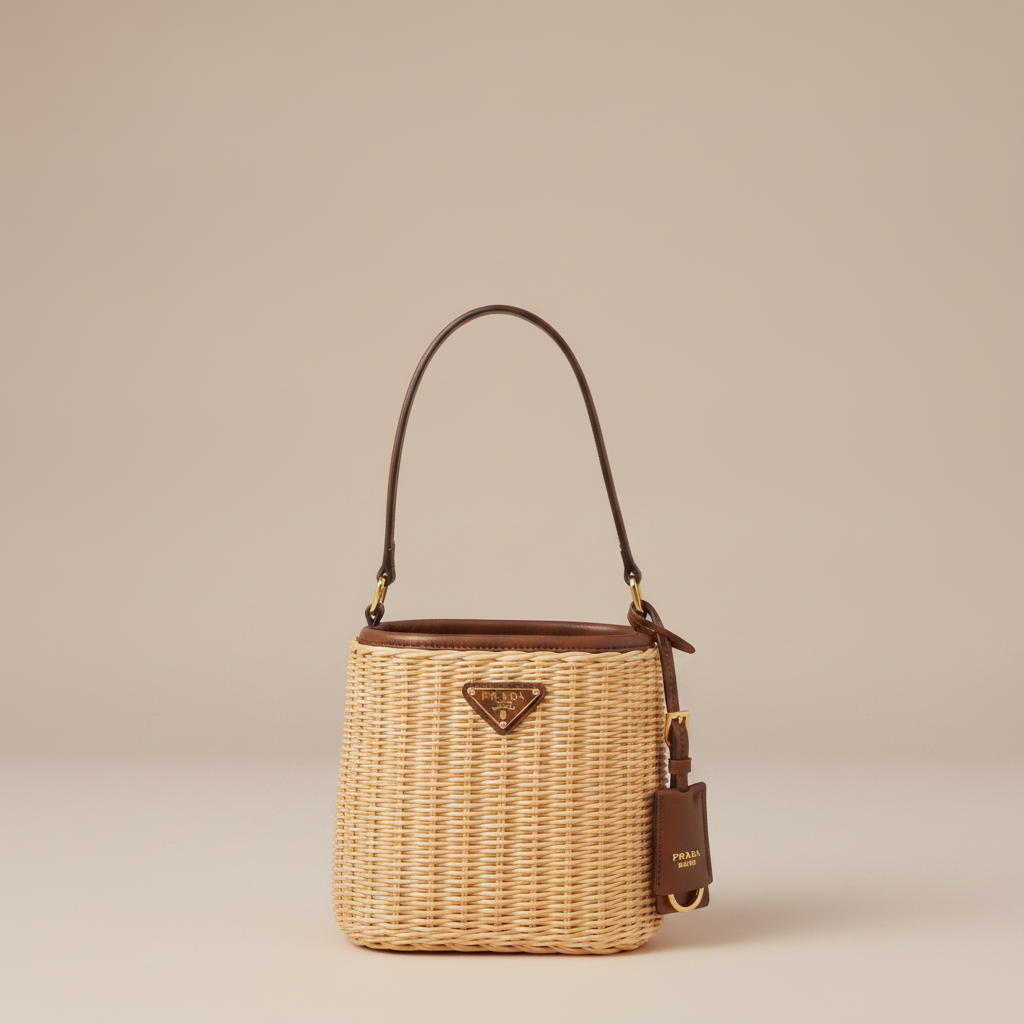 Wicker and leather bucket bag