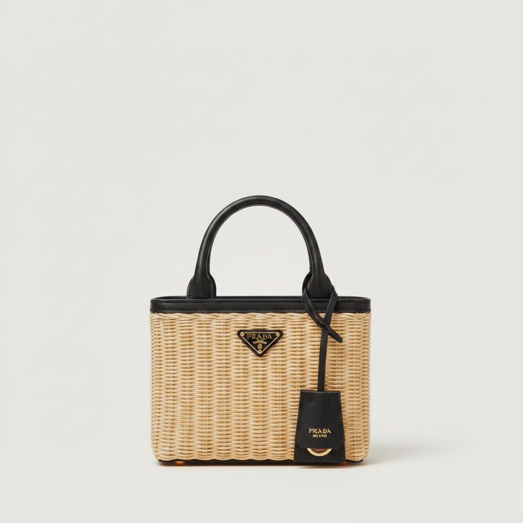 Small wicker and canvas tote bag