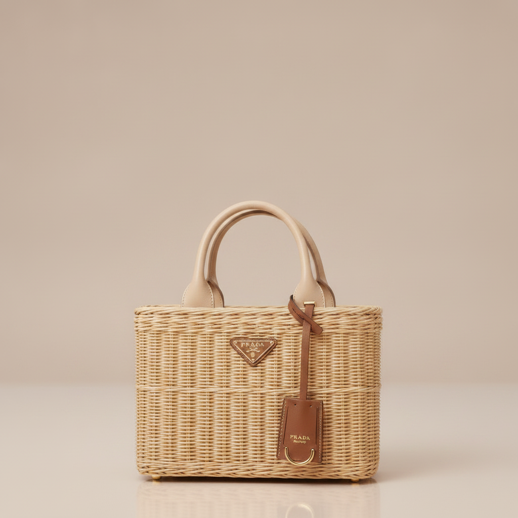 Medium wicker and canvas tote bag