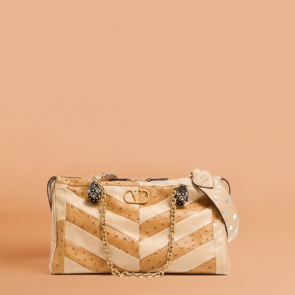 Panthea Medium Shoulder Bag In Ostrich And Nappa Leather With A Chevron Pattern